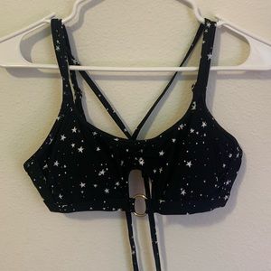 black and white star string tie swimsuit top gold ring front